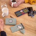 B90205 Handmade Harris Tweed Soft Glasses Case Turquoise Herringbone Lifestyle Gaelsong

