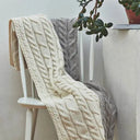 D50732 NATURAL WHITE and MISTY GREY Colour Supersoft Merino Chunky Cable Knit Throw Lifestyle Gaelsong