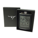 D68651 Steel Whiskey Flask with Scottish Rampant Lion Design Box Gaelsong
