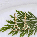 14K Emerald Trinity Knot Drop Earrings Liifestyle Front View Gaelsong