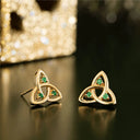 14K Emerald Trinity Knot Stud Earrings Lifestyle Front Side View Gaelsong