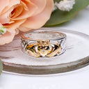 J75025 Claddagh Ring of Sterling Silver and Gold Lifestyle Front View Gaelsong