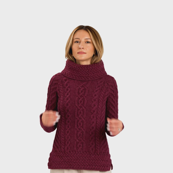A20297 Funnel Neck Cable Knit Irish Sweater Gaelsong