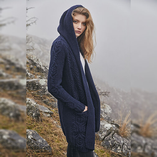 Celtic Long Open Cardigan with Hood | Celtic Knitwear | Gaelsong